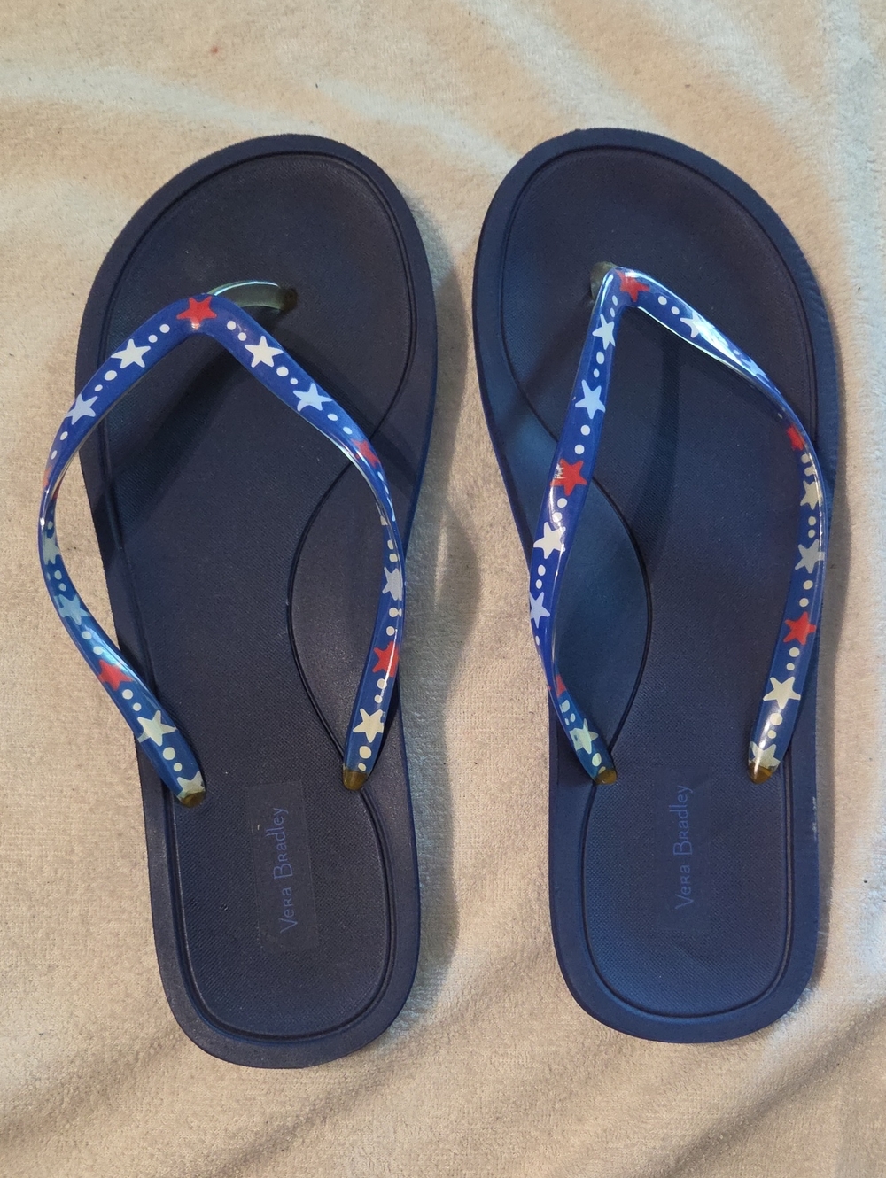 Vera Bradley Navy Flip Flops with Red, White & Light Blue Star Straps
